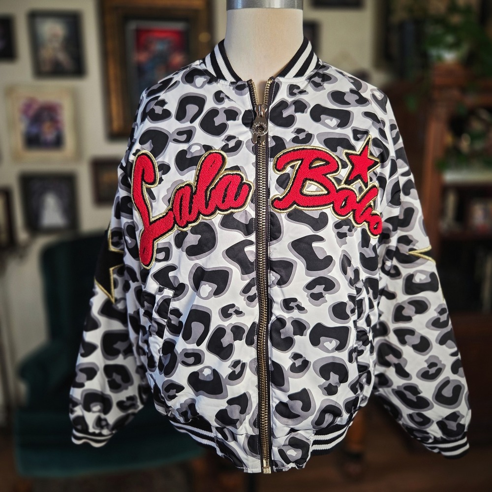 Lalabobo Bomber Jacket Leopard Print Lion Patch Streetwear Graphic White Black L